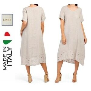 ROSEMARINE 100% Italian Linen Short Sleeve Hi-lo Crochet Hem Dress in Fango Sz M